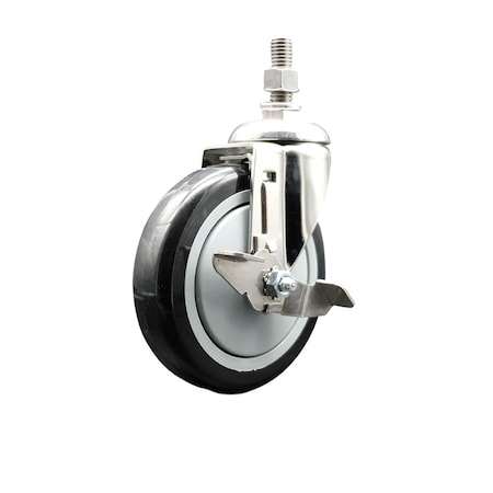 Service Caster 5 Inch 316SS Black Polyurethane Swivel 3/8 Inch Threaded Stem Caster with Brake SS316TS20S514-PPUB-BLK-TLB-381615